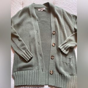 loft olive green cardigan, size small but fits oversized